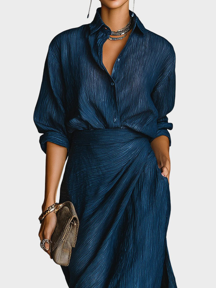 Anita™| Elegantný komplet košele a dlhej sukne zo zmesi bavlny a ľanu v tmavomodrej farbe