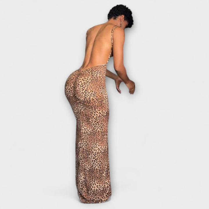 Della ™ ｜ Maxikrátke šaty s leopardím vzorom a odhaleným chrbtom